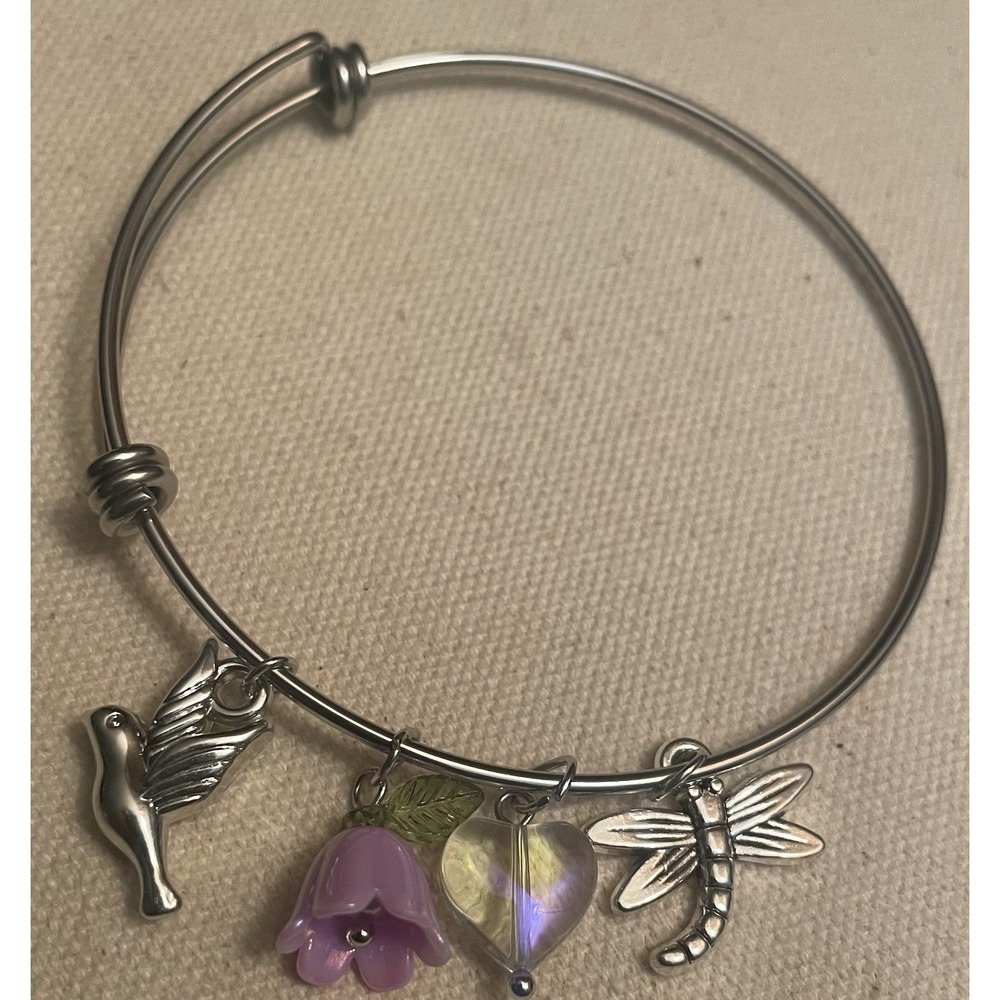 Silvertone Dragonfly & Purple Flower Charm With Iridescent Heart Bracelet